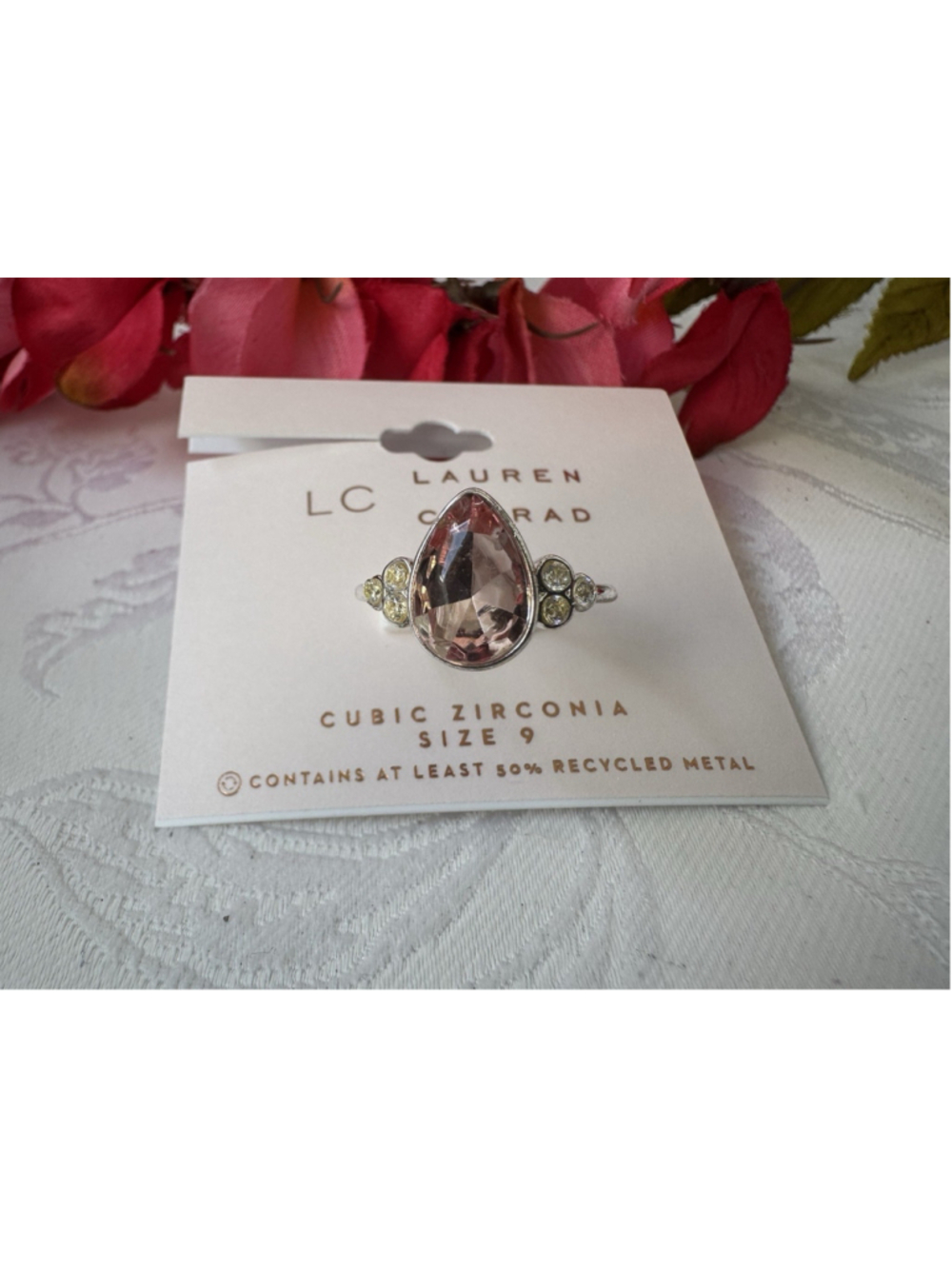 LC LAUREN CONRAD SIZE 9 PInk Champagne CZ Ring Sivertone Dainty Feminine NEW